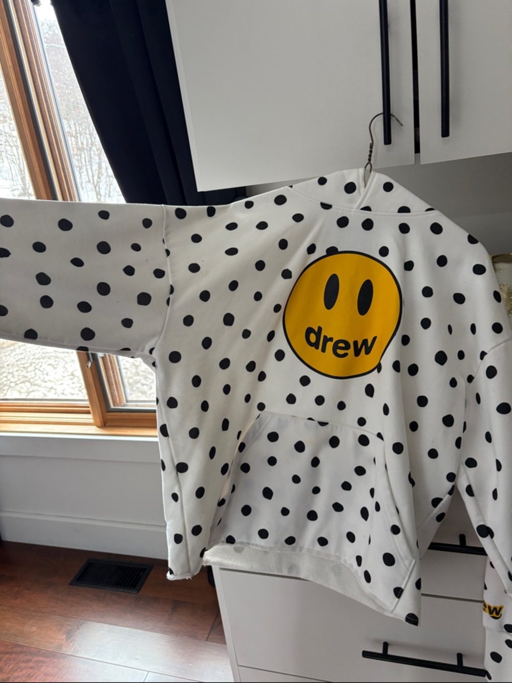 DREW White Polka Dot Hoodie with Yellow Smiley Logo